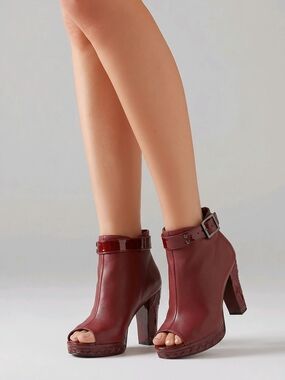 Tuleste Womens Leather Textured Zip Buckle Open Toe Heel Booties Red Size 6